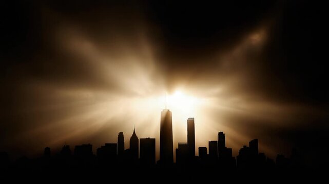 Sunrise skyline silhouette skyscraper sunrise light rays dramatic golden skyline silhouette over
