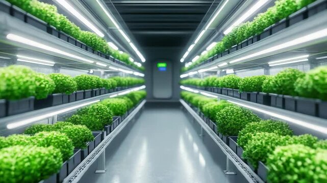 Vertical indoor hydroponic farm aisle with LED seedling rows and lush green indoor farm climate