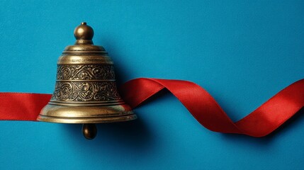 Close-up of a bronze bell with detailed engravings, resting on a striking blue surface, red ribbon weaving around