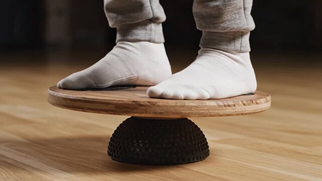 Person Practicing Balance and Core Strength on a Wooden Wobble Board Indoors with Soft Lighting