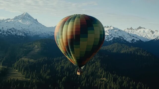 Colorful hot air balloon drifting over forested mountain valley with snowy peaks in morning light
