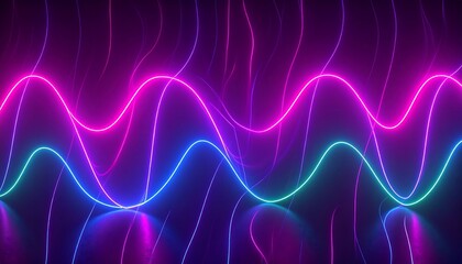 Obraz premium Abstract neon wavy lines in pink, blue, and teal, reflecting on a dark surface