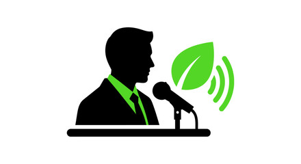 environmental speaker silhouette at podium with microphone and green leaf icon symbolizing eco conference climate activism and sustainability
