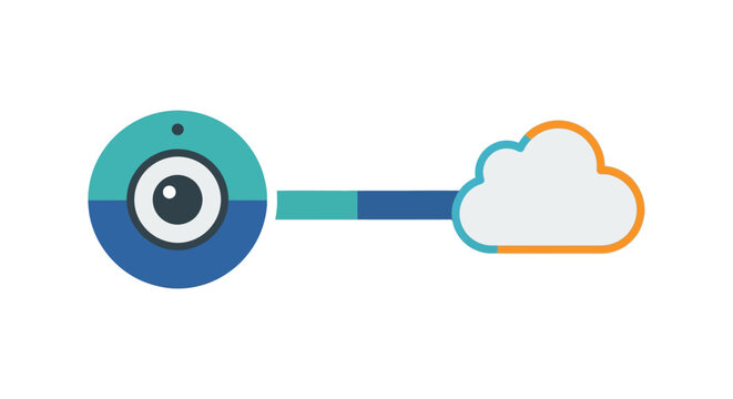 cloud security camera icon connecting to data storage cloud flat minimal surveillance illustration for online backup and privacy apps