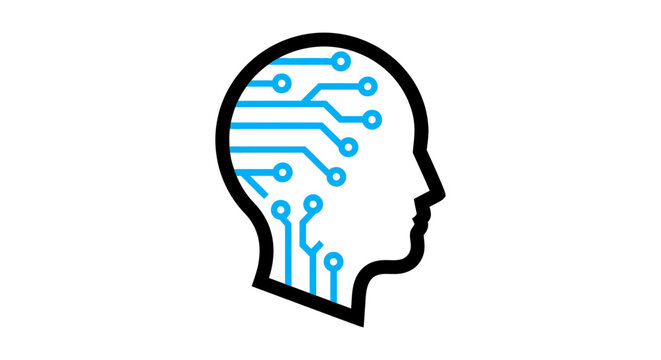 artificial intelligence brain icon with circuit board connections inside human head silhouette symbolizing machine learning and digital innovation