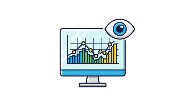data analytics dashboard on computer monitor with eye icon watching graphs and charts concept for business metrics tracking and reporting