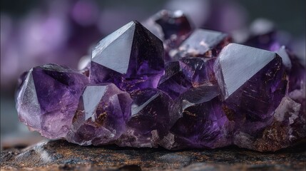 Close-up of a cluster of faceted purple crystals. The image highlights the natural geometry and color variation