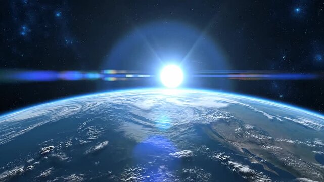 Vast Outer Space View of Planet Earth Sunrise With Starfield and Sun Flare Lens Effect