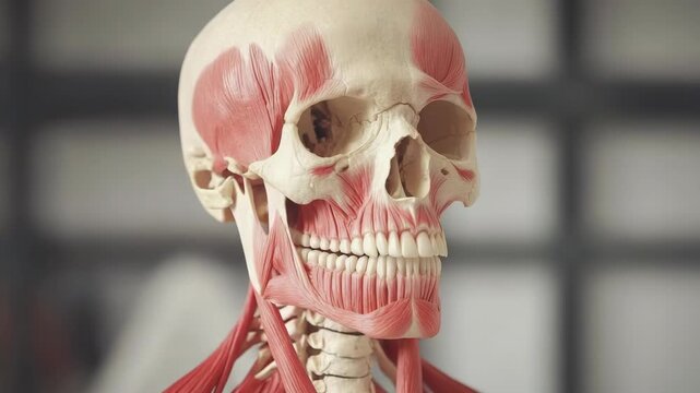 Anatomical skull and facial muscle model showing teeth jaw and neck muscle soft clinical neutral