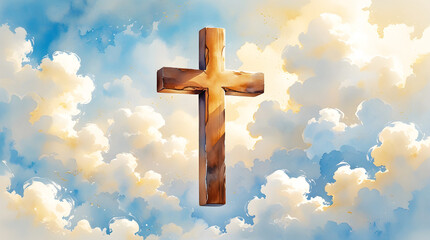 Wooden christian cross on heaven, watercolor painting.