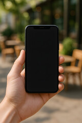 Hand holding modern smartphone with blank black screen outdoors at a blurred cafe background, perfect for app UI/UX design presentation or mobile advertising mockup.