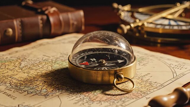 Vintage Compass And Old Map On A Wooden Desk With Antique Navigation Tools And Leather Bound Book Creating A Sense Of Adventure And Discovery