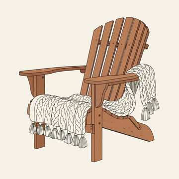 Cozy wooden Adirondack chair with throw blanket on a neutral background