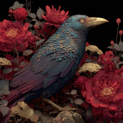 Obraz premium An artistic illustration of a raven perched among lush red flowers against a dark background 