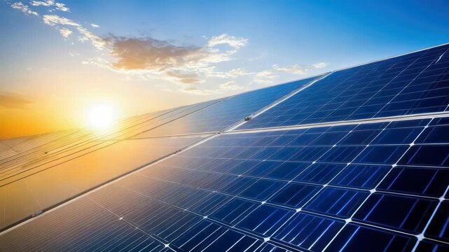 Solar panel array sunrise capturing warm sunlight and gentle sky motion with photovoltaic panel
