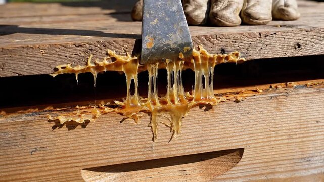 Beekeeper Hand Scrapes Sticky Propolis From Wooden Beehive Exterior With Metal Tool In Sunny Outdoor Apiary With Shallow Depth Of Field