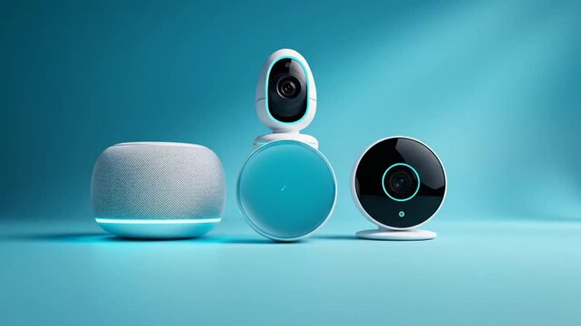 Smart Home Devices Collection on Blue Background.