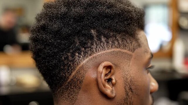 Close Up Of A Barber Using Clippers To Create A Sharp Hairline On A Man's Head During A Haircut With Faded Sides And Detailed Design On The Left Ear And Temple Area Illuminated By Soft Studio