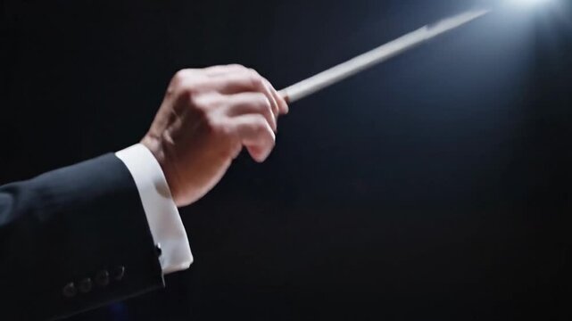 Close up of a conductor's hand in a black suit and white shirt holding a white baton against a dark background with dramatic spotlighting during a musical performance conveying leadership and