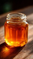 Jar of Honey Gleams in Sunlight on Wooden Table

