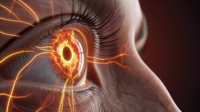 Futuristic vision of an eye, illuminated by glowing orange neural networks, representing advanced data flow, artificial intelligence, and enhanced sensory perception
