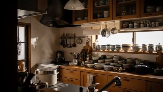 Warm rustic home kitchen filled with cookware and wooden cabinets creating cozy atmosphere for everyday cooking activities
