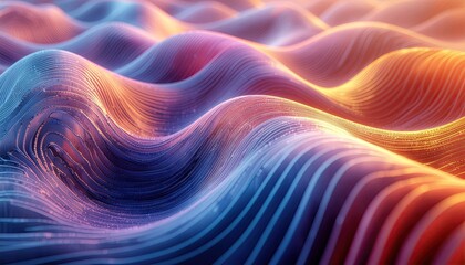 Abstract Digital Landscape of Flowing Waves and Particles in Warm and Cool Tones With Dramatic Lighting