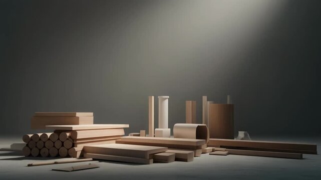 Architectural design elements displayed in a studio setting with wooden and cardboard prototypes under a focused spotlight highlighting construction materials