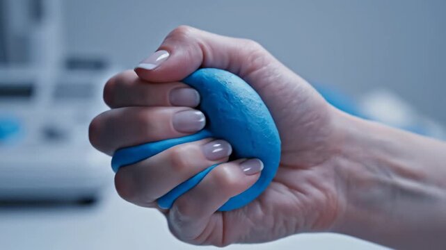 Close up of a person's hand squeezing a vibrant blue stress relief putty in a soft-lit environment with medical equipment in the blurred background