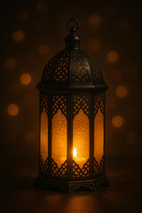 Ornate Arabic Lantern with Glowing Candle on Dark Background. Traditional Middle Eastern lamp with warm candlelight and bokeh effect, perfect for Ramadan, Eid, or festive decor.