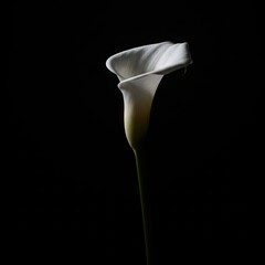 Elegant White Calla Lily Flower Illuminated Against Dark Background Dramatic Lighting and Subtle Green Stem