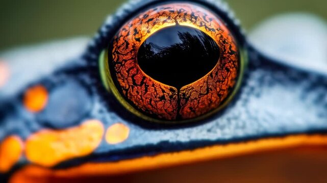 Vibrant Frog Eye: A macro shot captures the captivating detail of a frog's eye, showcasing its intricate patterns and stunning colors, reflecting the wonders of nature.