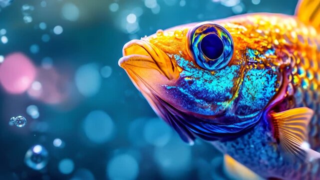 Underwater Kaleidoscope: An image of a close-up on a beautiful, colorful fish in clear water, where light dances across its scales. 