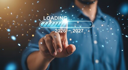 Man touching virtual loading bar for new year 2026-2027, symbolizing future progress and digital transformation.