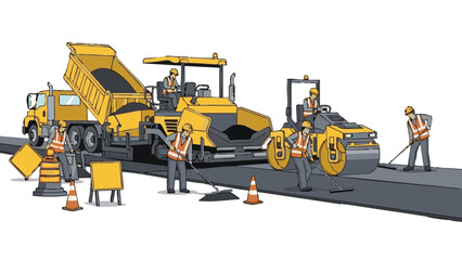 Obraz premium Road construction team working with heavy machinery on asphalt 