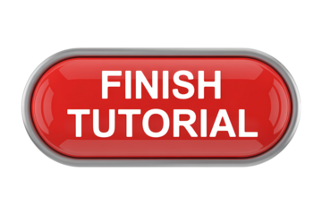 3d icon glossy red button with the words FINISH TUTORIAL on it . Isolated on transparent background, png