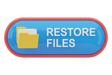 3d icon Restore files button with a blue background and two yellow folders icon. The button says 'restore files' in white lettering . Isolated on transparent background, png