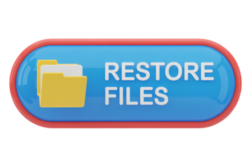 3d icon Restore files button with a blue background and two yellow folders icon. The button says 'restore files' in white lettering . Isolated on transparent background, png