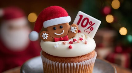 Close-up of a festive cupcake, featuring a gingerbread man with a Santa hat and a "10% off" sign. Soft background with bokeh