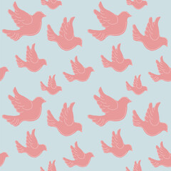 Seamless vector pattern featuring pink dove silhouettes on light blue. Symbolizing peace, hope, and spiritual freedom. Minimalist hand-drawn style for modern textiles.