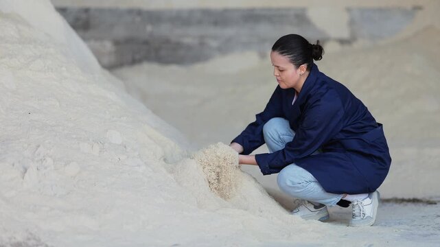 Asian woman worker takes handful of powdered feed in palm of hand, checks purity and absence of impurities. Control over cleanliness of feed mixture. Worker farmer inspect feed in storage