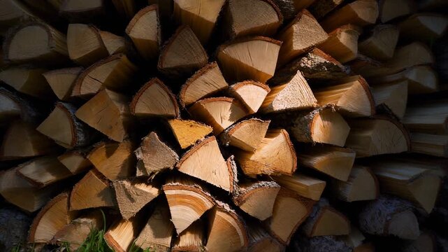 Neatly stacked firewood with natural texture and warm light, creating an rustic woodpile background. Split logs for cozy fire.