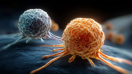 A close view of cancer cell interaction showing aggressive tumor behavior and cellular mutation processes.
