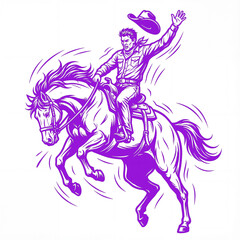 Fototapeta premium Rider waves while riding a bucking horse in a rodeo in color: vivid indigo
