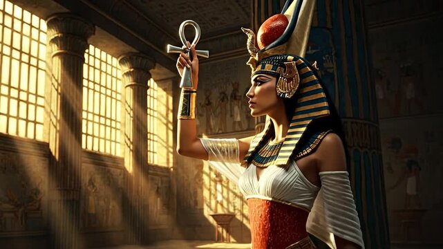 Ancient Majesty: An exquisitely adorned figure, embodying ancient Egyptian grace, presents a symbolic ankh within a sunlit interior, evoking an aura of spirituality and timelessness.