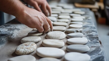 A man is working with a pile of white rocks