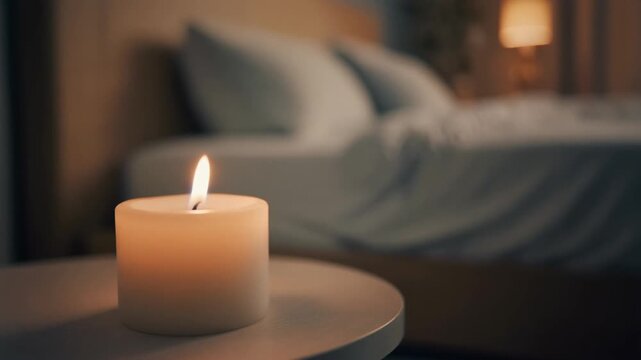 Close-up of a lit candle on a bedside table in a dimly lit bedroom, creating a cozy and relaxing atmosphere.