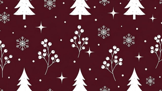 Festive Christmas Pattern with Trees, Snowflakes, and Berries on Red. - Powered by Adobe