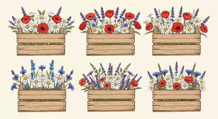 Fototapeta premium Seamless Pattern of Rustic Wooden Crates with Poppies and Lavender Flowers on a Light Beige Background