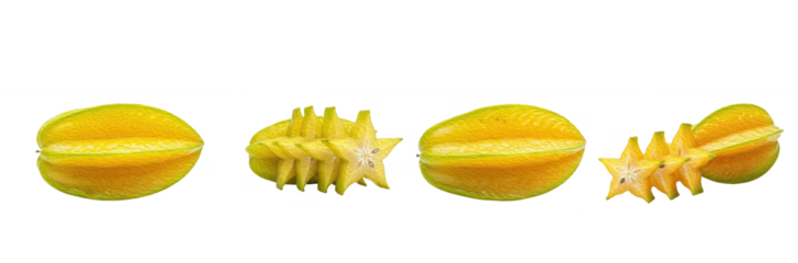 Set of Four Fresh Star Fruit Carambola Isolated on Transparent PNG Background